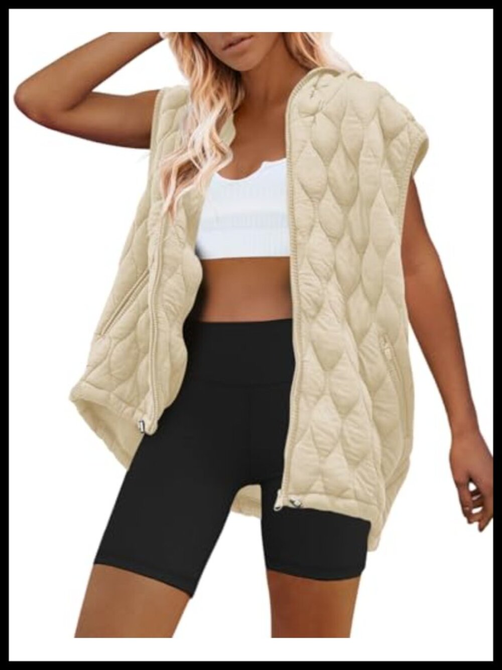 Oversized Quilted Puffer Vest Hooded Zip Up Sleeveless Winter Coat with Pockets